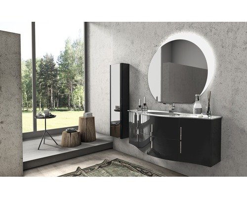 Modernes Badezimmer mit Waschbeckenunterschrank, Spiegelschrank und runden Spiegel