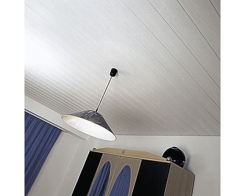 Decke mit Paneelen und Lampe in einem Raum
