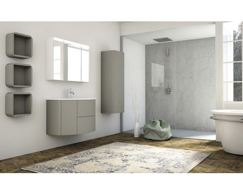 Salle de bains avec meuble-lavabo, armoire de toilette, armoire suspendue, étagères et douche