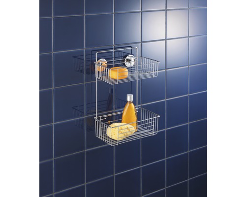 Duschregal mit zwei Ablagekörben, befestigt an einer gefliesten Wand
