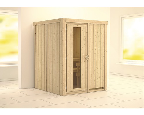 Sauna modulaire Karibu Norina sans poêle et couronne avec porte en bois et verre à isolation thermique