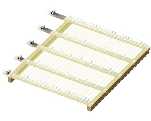 Holzunterkonstruktion mit transparenten Wellplatten und Schrauben