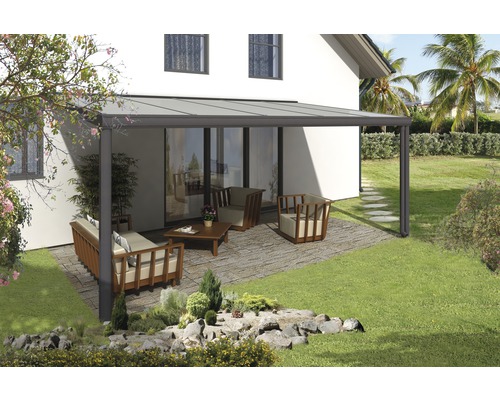 Toiture pour terrasse SKAN HOLZ Genua 541x257 cm anthracite Terrasse avec auvent et coin salon dans le jardin