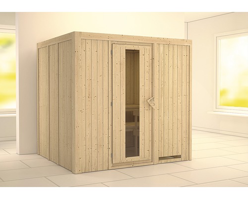 Sauna modulaire Karibu Sodina sans poêle et couronne avec porte en bois et verre à isolation thermique