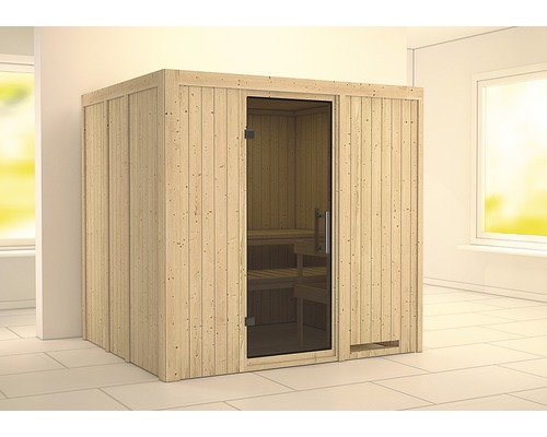 Sauna modulaire Karibu Sodina sans poêle et couronne avec porte entièrement vitrée coloris graphite