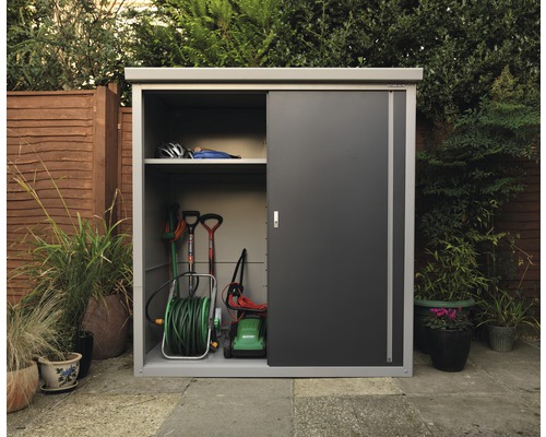 Gartenschrank mit Schiebetür zur Aufbewahrung von Gartengeräten im Aussenbereich.