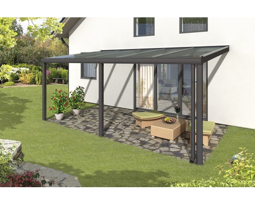 Toiture pour terrasse SKAN HOLZ Monza 541x307 cm, anthracite Terrasse couverte en aluminium avec mobilier de jardin sur la terrasse
