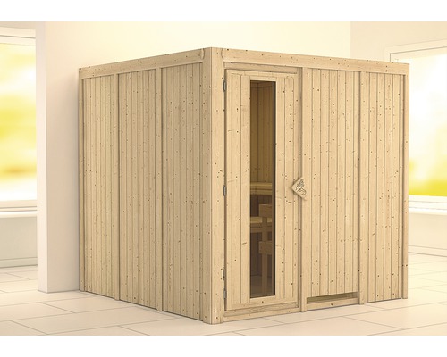 Elementsauna Karibu Rodina ohne Ofen und Dachkranz mit Holztüre und Isolierglas wärmegedämmt