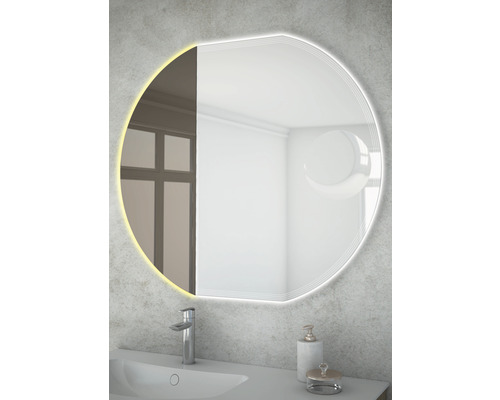 Runder Badspiegel mit Beleuchtung über einem Waschbecken