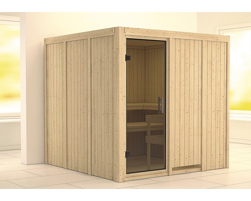 Sauna modulaire Karibu Rodina sans poêle et couronne avec porte entièrement vitrée coloris graphite