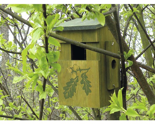 Nichoir en bois avec motif de feuille de chêne dans un arbre
