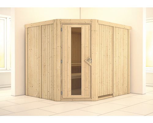 Sauna modulaire Karibu Malina sans poêle et couronne avec porte en bois et verre à isolation thermique