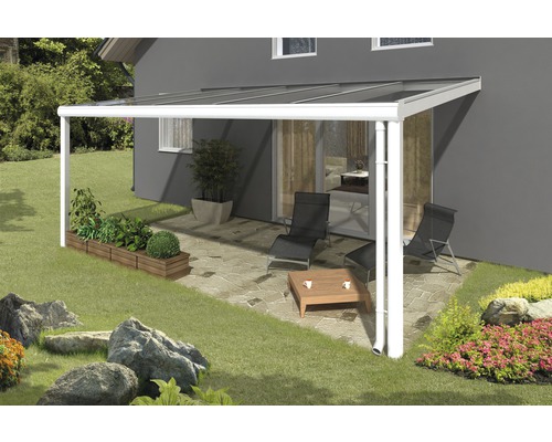 Toiture pour terrasse SKAN HOLZ Modena 541x357 cm, blanc Terrasse avec auvent, mobilier de jardin et plantation