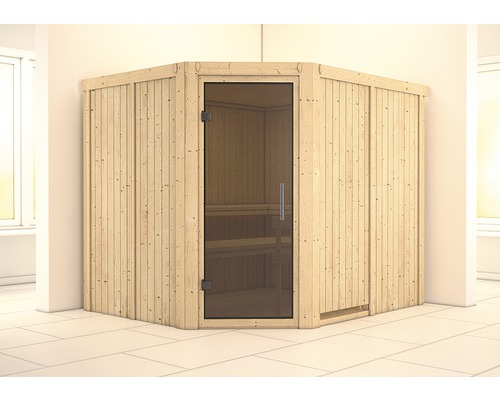 Sauna modulaire Karibu Malina sans poêle et couronne avec porte entièrement vitrée coloris graphite