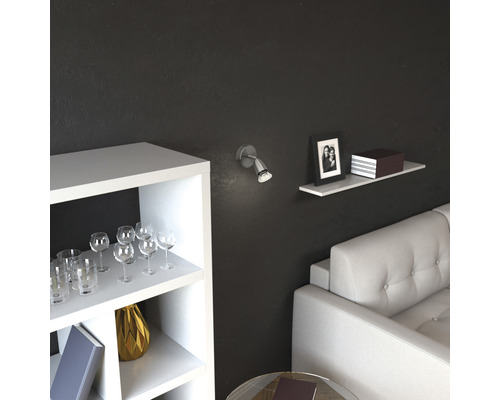 Salon avec applique murale, étagère, bibliothèque et canapé