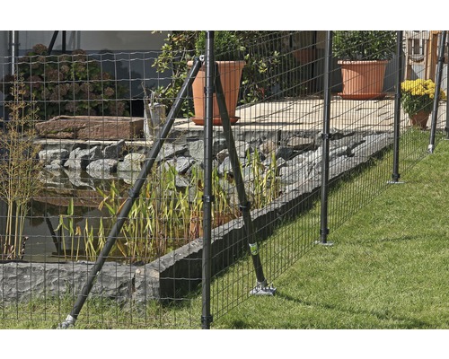 Clôture en fil de fer dans le jardin avec bassin et plantes