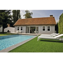 Pool house avec piscine, pelouse et chaises longues