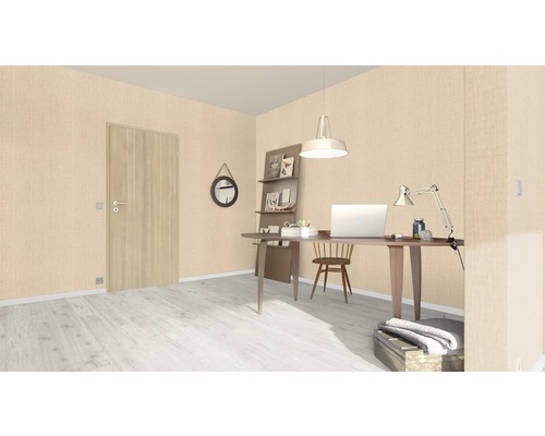 Helles Arbeitszimmer mit Schreibtisch, Stuhl, Regalen und einer Tür