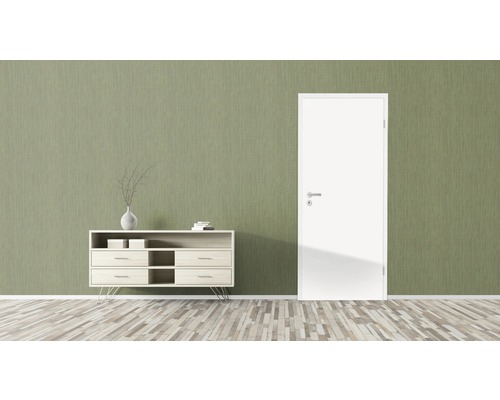 Vue d''une pièce avec commode, porte et papier peint mural