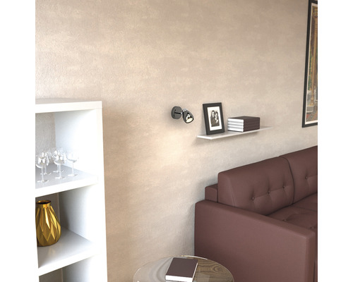 Salon avec canapé marron, étagère, décoration et applique murale