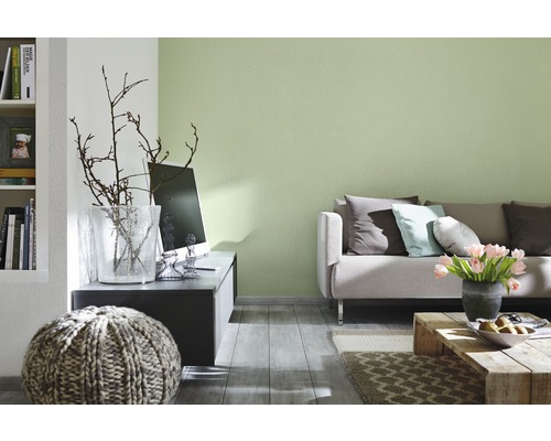 Salon avec canapé, table, décoration et mur vert clair