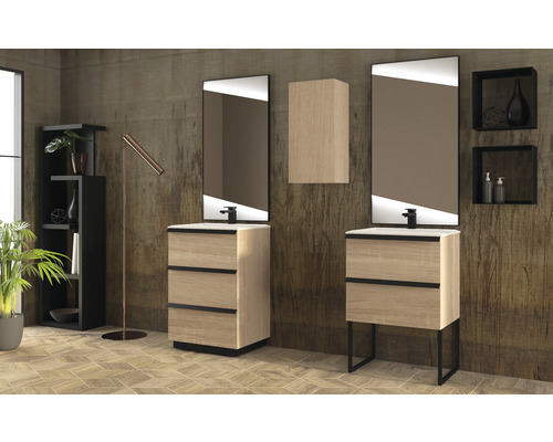 Salle de bain lumineuse avec meubles-lavabos, miroirs, armoire de rangement et décoration