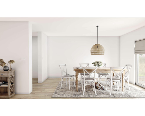 Heller Essbereich mit Holztisch, Stühlen, Teppich und Hängelampe
