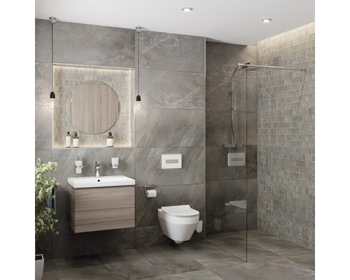 Modernes Badezimmer mit Waschtisch, Spiegel, Toilette und Dusche unter grauen Fliesen