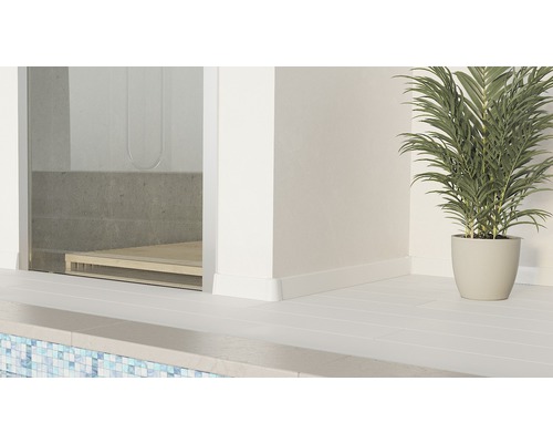 Detailansicht vun engem Buedzëmmer mat Dusch, wäiss gefliistem Buedem an enger Dëpplanz