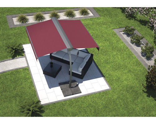 Scène avec parasol excentré, mobilier de terrasse et aménagement de jardin