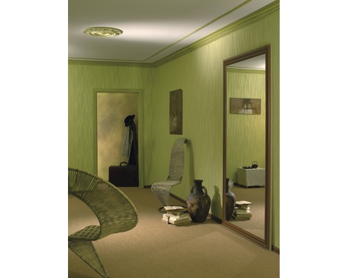 Intérieur avec moulures décoratives, rosace, miroir, chaises et décoration