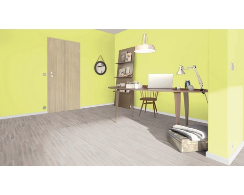 Bureau lumineux avec porte en bois, bureau, chaise, étagère et décoration