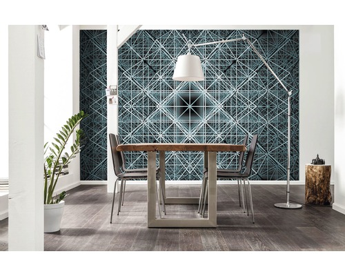 Salle à manger avec papier peint photo géométrique, table à manger et chaises