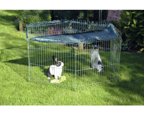 Parc d''ébat avec couverture et deux lapins dans le jardin