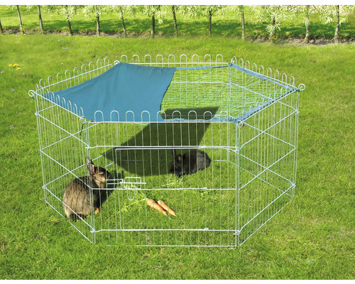 Enclos extérieur en fil de fer avec protection solaire pour petits animaux dans le jardin avec deux lapins