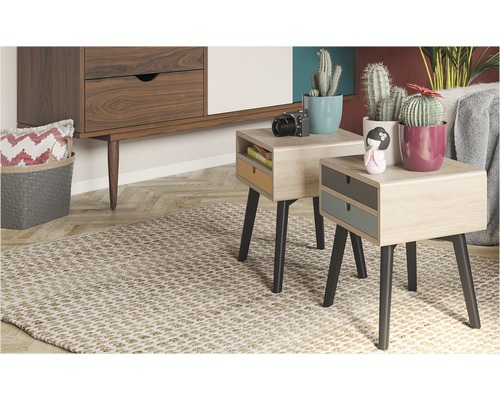 Salon décoratif avec deux tables d''appoint, un tapis et une commode