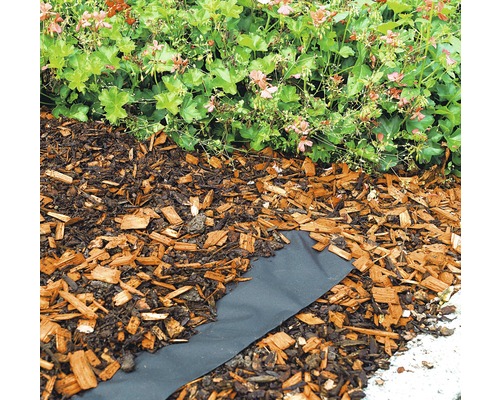 Gartenszene mit Mulch, Unkrautvlies und Bepflanzung