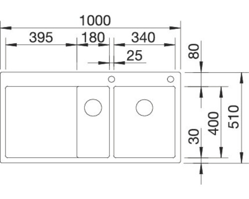 Dessin coté d''un évier avec deux cuves et les dimensions 1000 x 510 millimètres