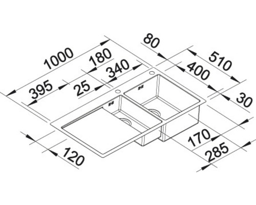 Schéma technique d''un évier avec cuve et égouttoir, avec indications de dimensions.