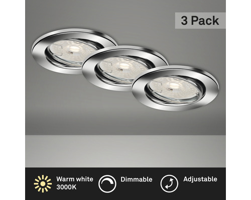 Éclairage à LED à encastrer lot de 3 chrome variable avec ampoule 3x380 lm 2 700 K blanc chaud Ø 68 mm rond métal IP23