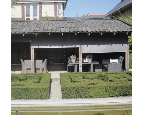 Gartenszene mit Pavillon, Gartenmöbeln und Buchsbaumhecke