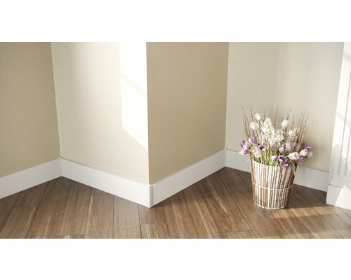 Vue d''une pièce avec des plinthes blanches et un plancher en bois