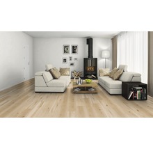 Salon avec deux canapés, cheminée et plancher en bois