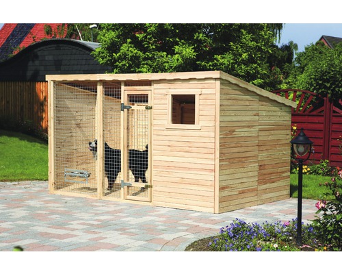 Chenil promadino avec gamelles 333 x 226 x 192 cm naturel Niche en bois pour chien avec treillis métallique dans le jardin.