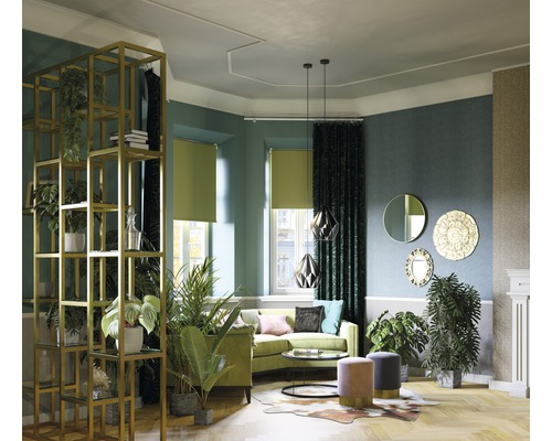 Wohnzimmer mit Sofa, Rollos, Dekoration und Pflanzen