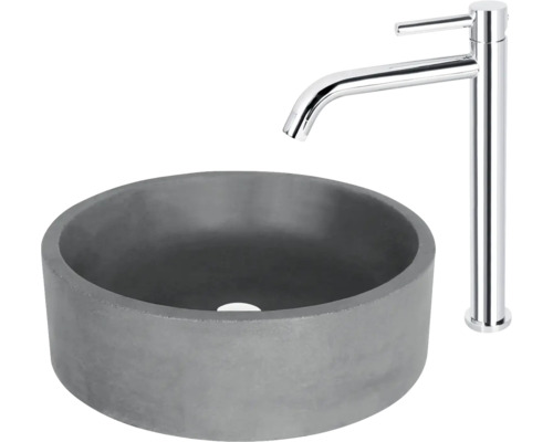 Vasque grise en béton avec robinetterie chromée