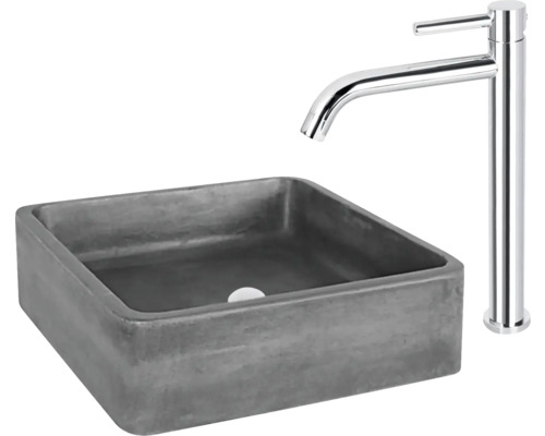 Vasque à poser en béton avec robinet haut