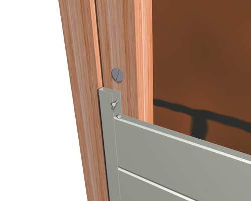 Vue détaillée d''un élément de clôture en bois et fixation métallique