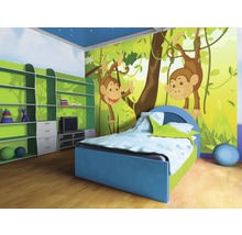 Chambre d''enfant avec lit bleu et papier peint jungle avec des singes