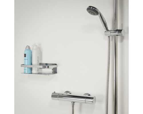 Badezimmeransicht mit Duscharmatur, Brausekopf und Ablage